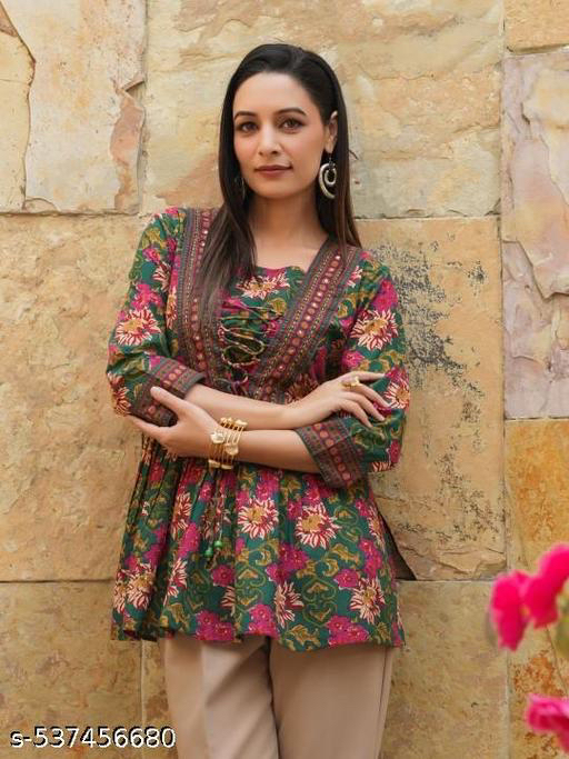 Tops & Tunics | Kurti and Kurtas | top for girls | top | Floral Printed V-Neck Tie-Ups Peplum Cotton Top | printed top for women | Casual Wear Kurti | floral printed kurti