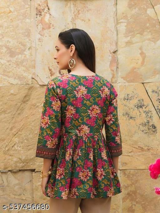 Tops & Tunics | Kurti and Kurtas | top for girls | top | Floral Printed V-Neck Tie-Ups Peplum Cotton Top | printed top for women | Casual Wear Kurti | floral printed kurti