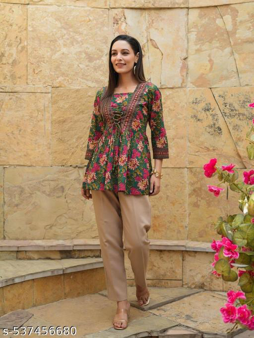 Tops & Tunics | Kurti and Kurtas | top for girls | top | Floral Printed V-Neck Tie-Ups Peplum Cotton Top | printed top for women | Casual Wear Kurti | floral printed kurti