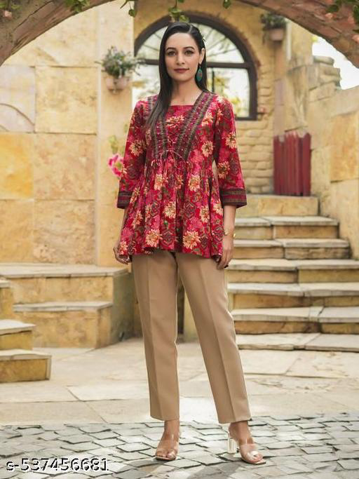 Tops & Tunics | Kurti and Kurtas | top for girls | top | Floral Printed V-Neck Tie-Ups Peplum Cotton Top | printed top for women | Casual Wear Kurti | floral printed kurti