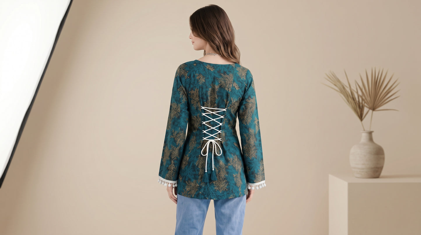 BELL SLEEVES SHORT UNIQUE PRINTED KURTI ,PREMIUIM PRINTED COTTON BLEND SHORT KURTI WITH LACE IN SLEEVES AND DORI LACE FOR FITTING