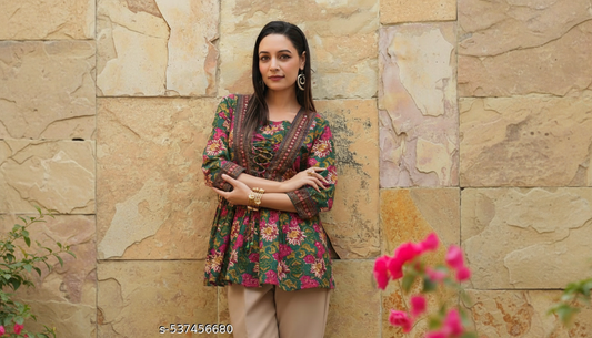 Tops & Tunics | Kurti and Kurtas | top for girls | top | Floral Printed V-Neck Tie-Ups Peplum Cotton Top | printed top for women | Casual Wear Kurti | floral printed kurti